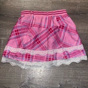 Pink Plaid Silky Lace Mini Skirt